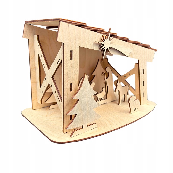 ŚWIĄTECZNA SZOPKA Z DREWNA BETLEJEM STAJENKA Z LAMPKAMI STOJĄCA OZDOBA 22CM