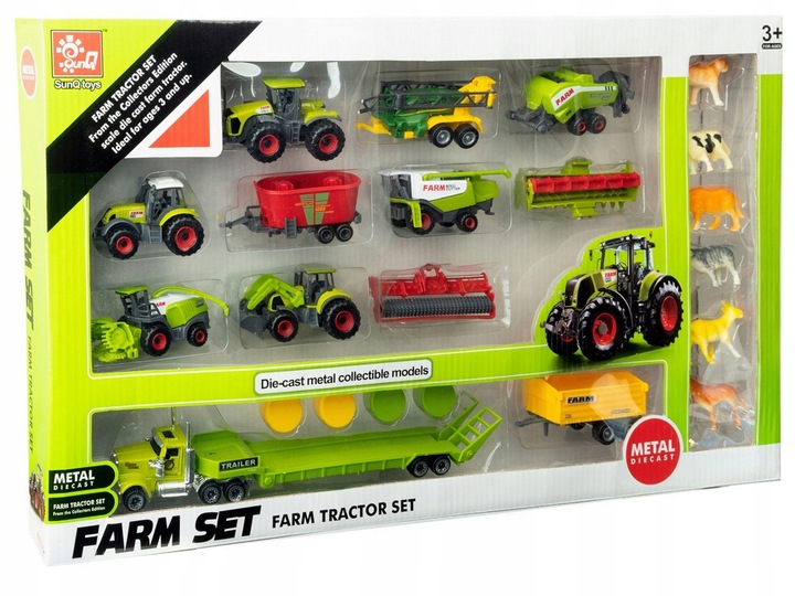 Zestaw Kombajn Traktor Przyczepa Ciężarówka Zwierzęta Farma Gospodarstwo