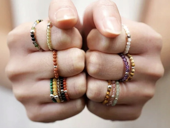 AMETYST PIERŚCIONKI Z KORALIKÓW ZESTAW 3 SZTUKI KORALIKI SREBRNE