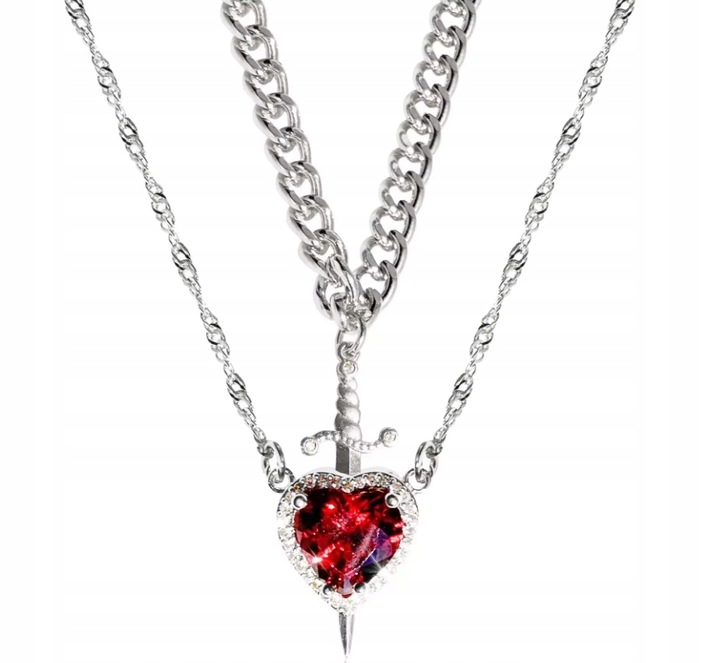 MD elegancki damski naszyjnik CZERWONE SERCE serduszko MIECZ | 2w1