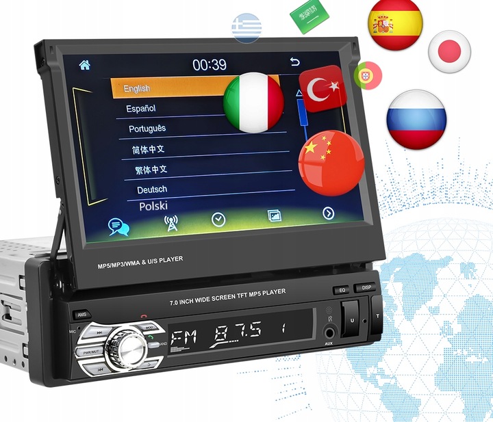 RADIO SAMOCHODOWE 1DIN 7'' BT WYSUWANY EKRAN DOTYKOWY MIRROR LINK KAMERA