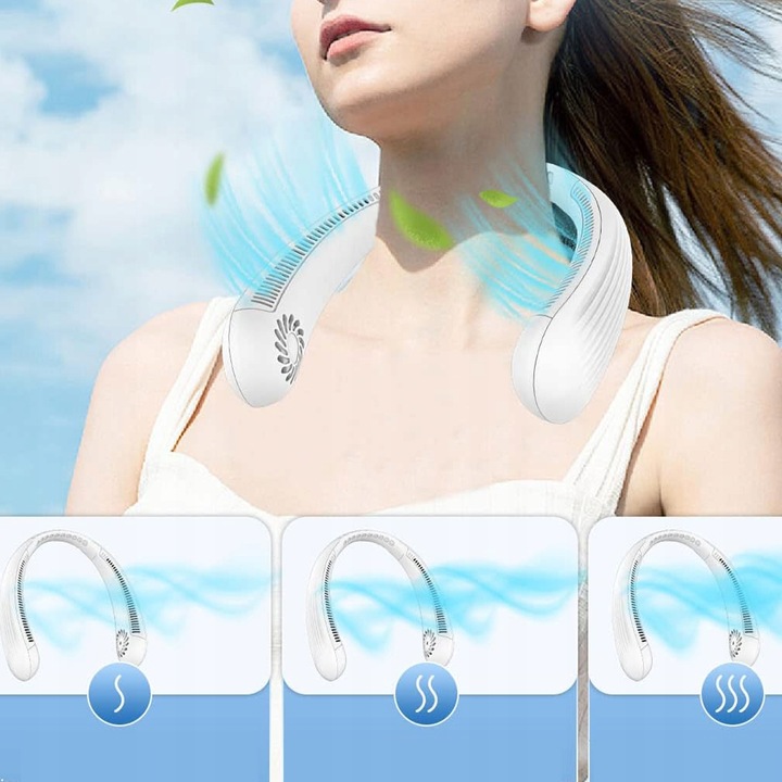 PRZENOŚNY WENTYLATOR WIATRAK NA SZYJĘ USB TRZY REGULOWANE PRĘDKOŚCI 3000mAh