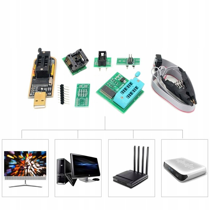 DUŻY ZESTAW PROGRAMATOR USB CH341A PAMIĘĆ SPI FLASH EEPROM TTL ADAPTERY XXL