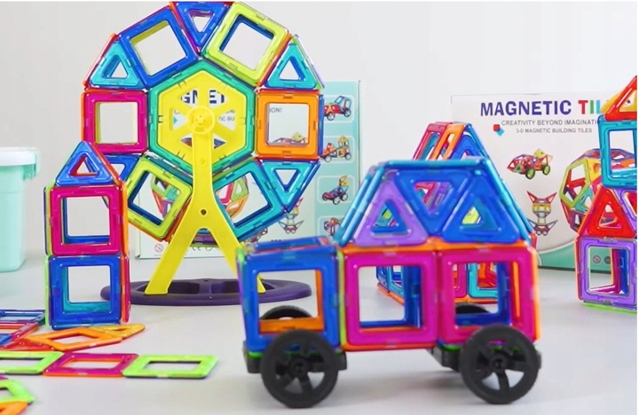 KLOCKI MAGNETYCZNE 3D koło młyńskie pojazdy ZESTAW Magnetic Tiles 72 el.