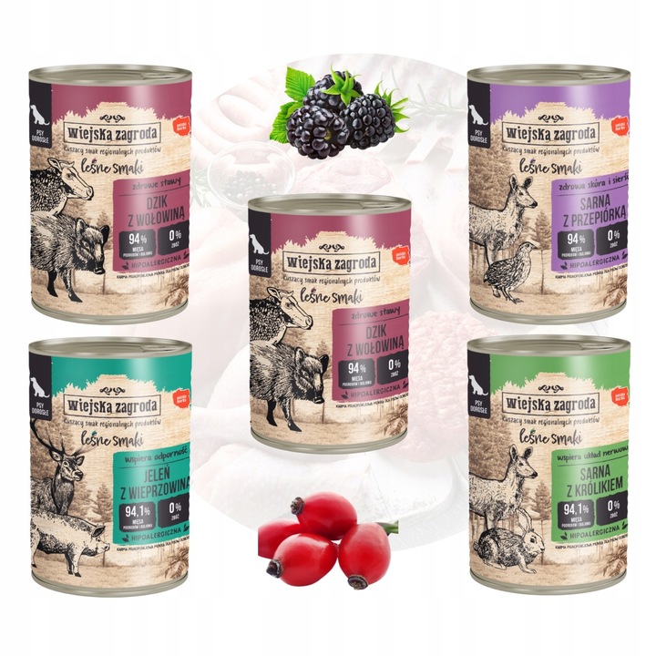 WIEJSKA ZAGRODA MOKRA KARMA DLA PSA LEŚNE SMAKI BOGATY MIX SMAKÓW 5 X 400 G