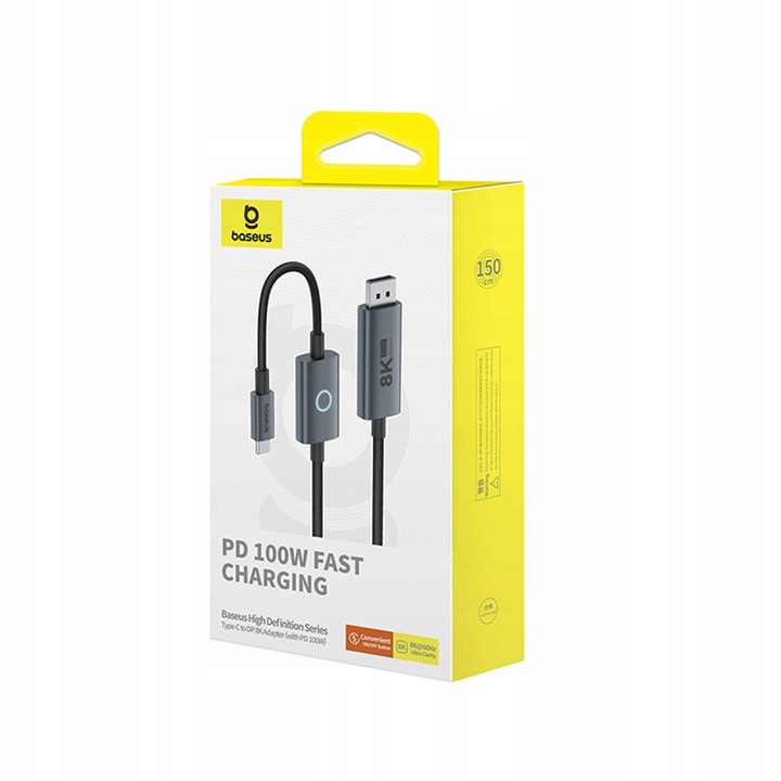 BASEUS KABEL USB C NA DISPLAYPORT DP 8K 100W MOCNY PRZEWÓD W OPLOCIE 1.5m