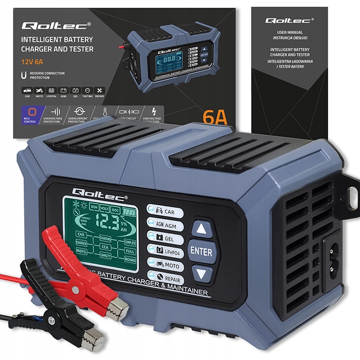 Cyfrowy tester miernik baterii z ładowarką 6A 12V 24V z funkcją naprawy