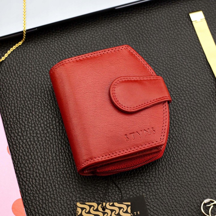 Portfel Damski Skórzany STEVENS Mały Czerwony Zapinany Portmonetka RFID