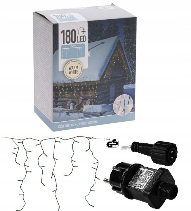 KURTYNA świetlna sople 180 led szer. 6 m na zewnątrz światło białe ciepłe