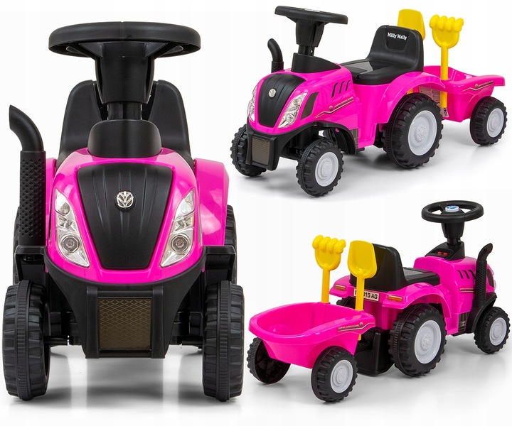 Jeździk TRAKTOR Z PRZYCZEPKĄ GRABKI ŁOPATKA New Holland T7 auto różowy pink