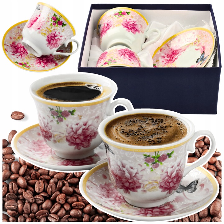 2x FILIŻANKA ZE SPODKIEM KWIATY 250ml do KAWY HERBATY FILIŻANKI DO ESPRESSO