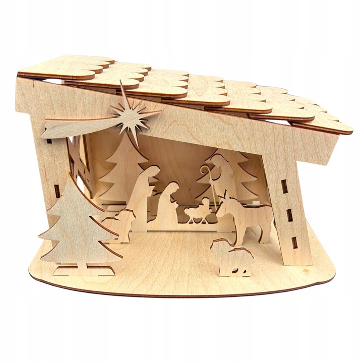 ŚWIĄTECZNA SZOPKA Z DREWNA BETLEJEM STAJENKA Z LAMPKAMI STOJĄCA OZDOBA 22CM