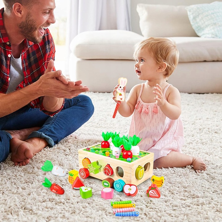 Układanka Montessori Sorter Klocków Złap Robaczka Drewniany Wózek Marchewki