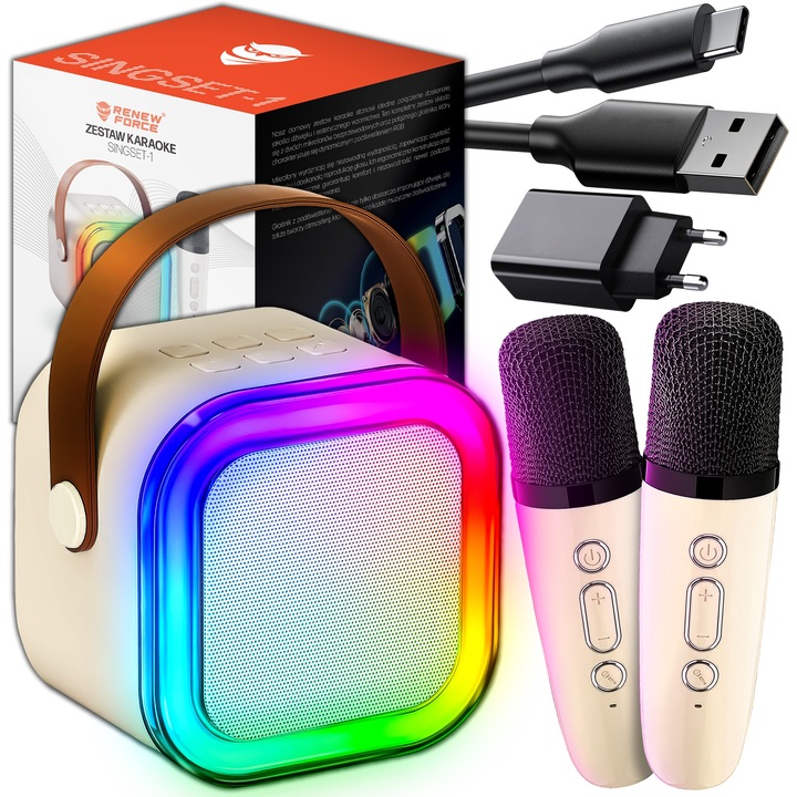 ZESTAW KARAOKE MIKROFON KARAOKE GŁOŚNIK BLUETOOTH RGB DWA MIKROFONY USB 2