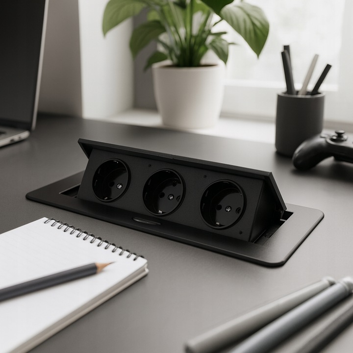 gniazdo wpuszczane chowane w blat potrójne stalowe czarne gniazdo meblowe