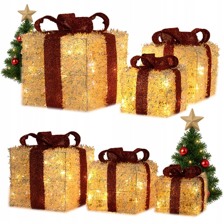 Świąteczne Pudełka Prezenty LED 3 szt. Dekoracja Boże Narodzenie Srebrne