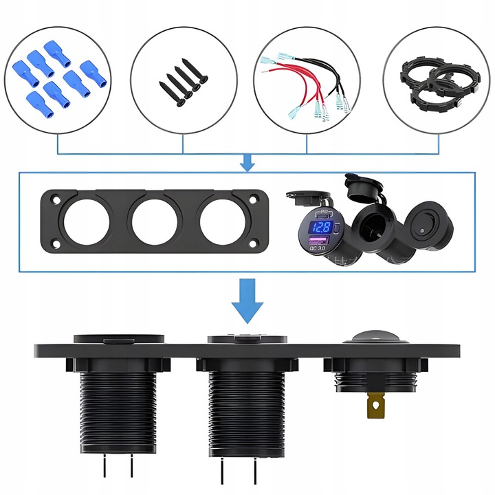 Gniazdo Zapalniczki 12V/24V Woltomierz Samochodowy PANEL Auto USB-C 22,5W