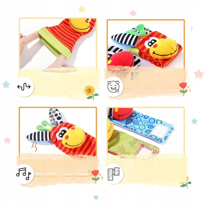 4x SKARPETKI + OPASKI 3D GRZECHOTKI SOZZY ZABAWKA SENSORYCZNA DLA NIEMOWLĄT