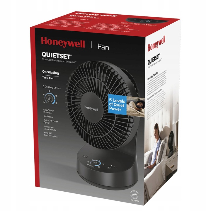 WENTYLATOR WIATRAK BIURKOWY HONEYWELL HTF337 5TRYBÓW CICHA PRACA TIMER