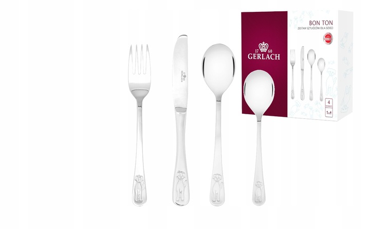 GERLACH SZTUĆCE DZIECI DZIECIĘCE KOMPLET 4EL PIESKI STAL NIERDZEWNA BON TON
