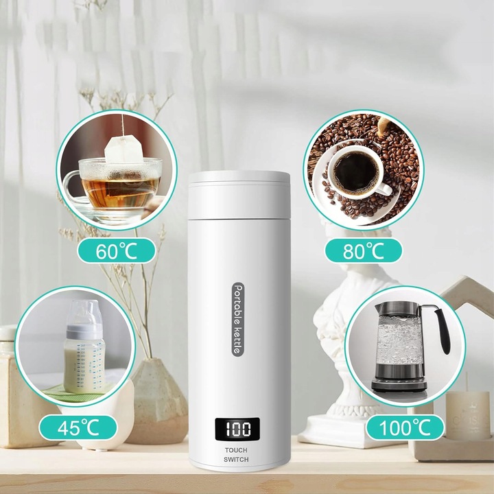 PODRÓŻNY MAŁY CZAJNIK ELEKTRYCZNY Z REGULACJĄ TEMPERATURY, KUBEK PODRÓŻNY