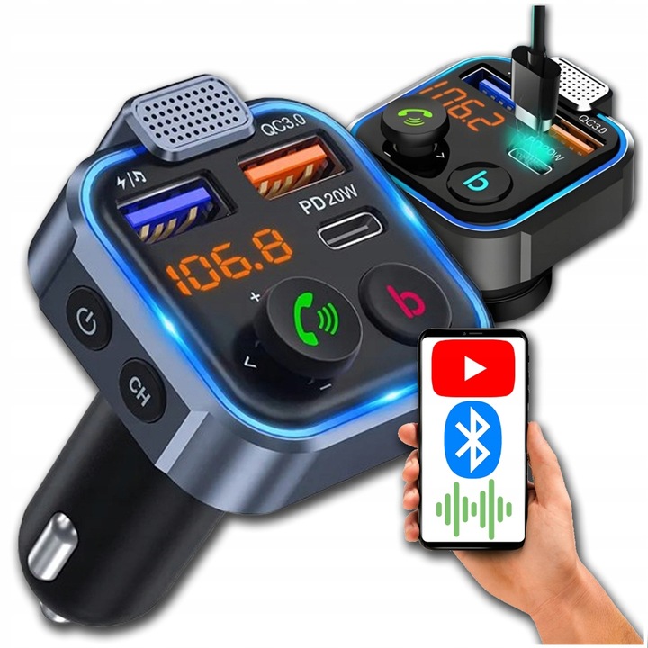 TRANSMITER BLUETOOTH AUDIO FM MP3 BT SZYBKA ŁADOWARKA 3X USB QC 3.0 RGB