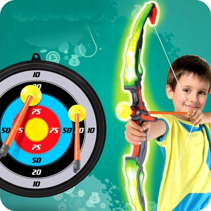 ŁUK DLA DZIECI ZESTAW Z TARCZĄ STRZAŁAMI KOŁCZANEM BEZPIECZNY ŚWIECĄCY DUŻY