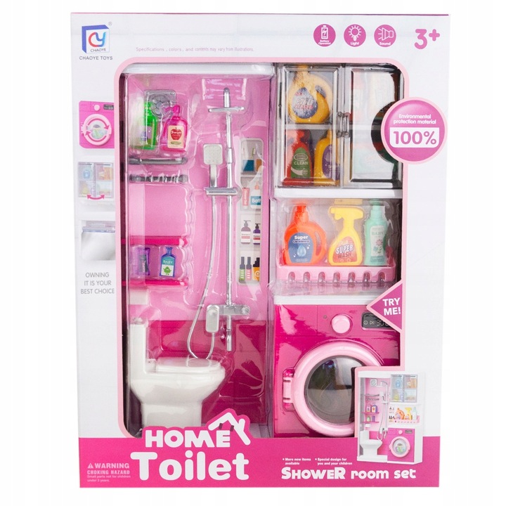 ŁAZIENKA Z AKCESORIAMI PRYSZNIC WC PRALKA ZESTAW ŁAZIENKOWY DLA DZIECI