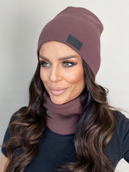 CIEPŁY KOMPLET DAMSKI CZAPKA+ KOMIN PRODUKT POLSKI MODNY ZIMOWY BRĄZOWY