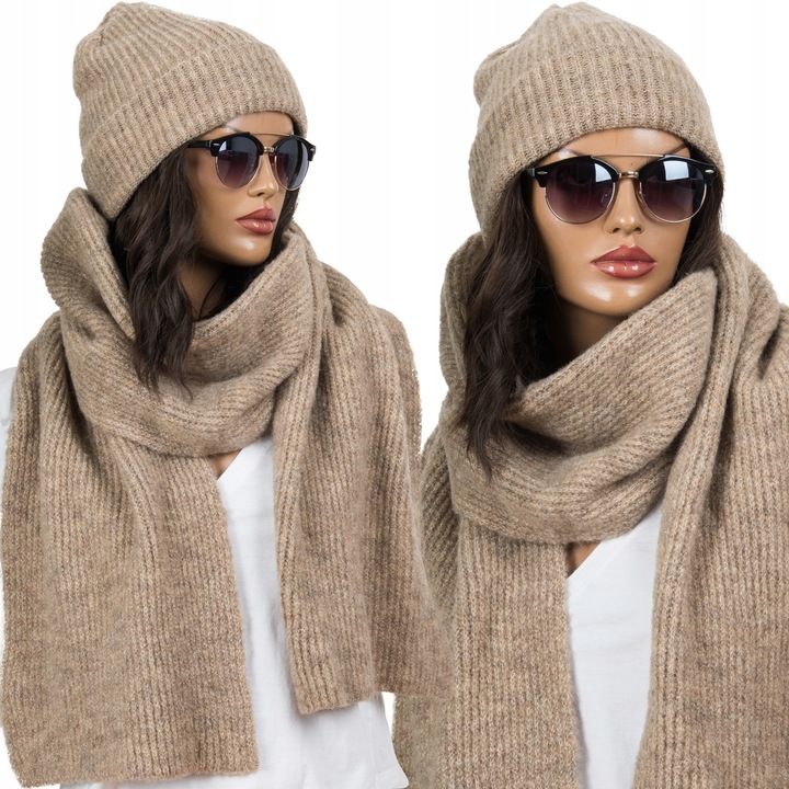 KOMPLET damski CZAPKA + duży SZALIK prążkowany ciepły szal zimowy POLSKI