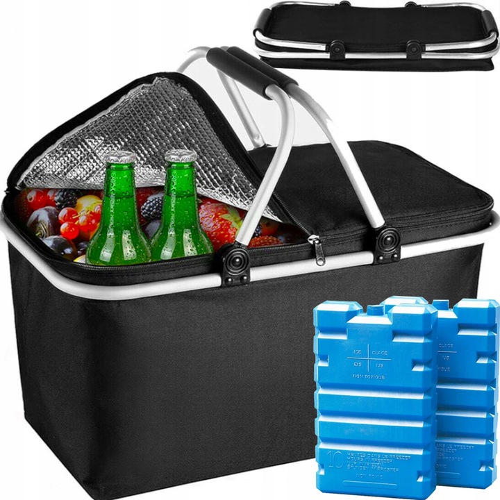 DUŻY KOSZ PIKNIKOWY KOSZYK TERMICZNY CZARNY + 2x WKŁADY MROŻĄCE 500ml 2szt.