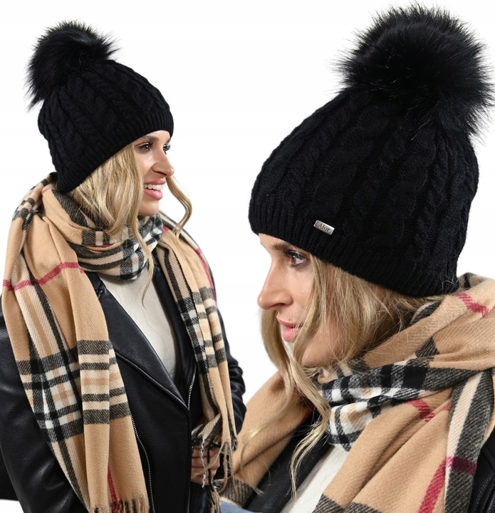 Czapka damska zimowa Ciepła dwuwarstwowa z polarem Pompon POLSKA Produkcja