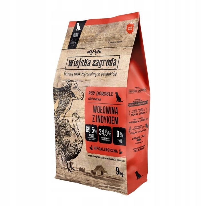 Wiejska Zagroda Karma sucha dla psa WOŁOWINA INDYK WARZYWA Duże rasy L 9kg