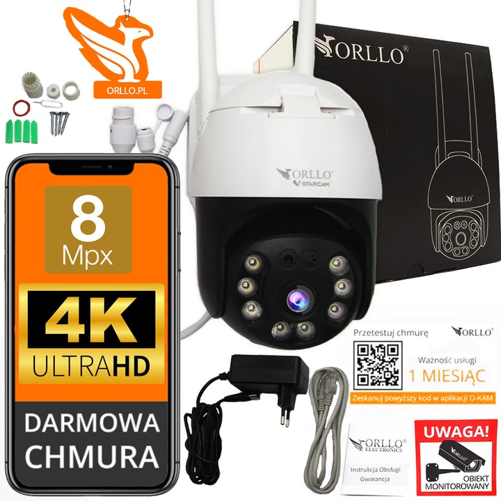 Kamera WiFi IP 8 Mpx 4K Zewnętrzna Obrotowa Bezprzewodowa ORLLO Z20 CHMURA