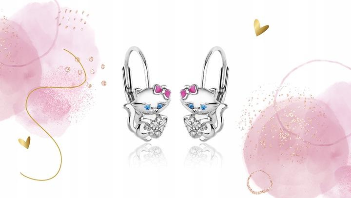 Kolczyki srebrne 925 kotki z kokardką dla dziewczynki chrzest/komunia