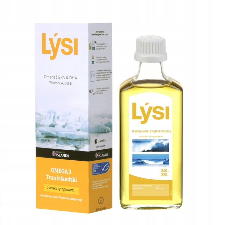 Lysi TRAN ISLANDZKI CYTRYNOWY z WĄTROBY DORSZA DHA EPA 240ml