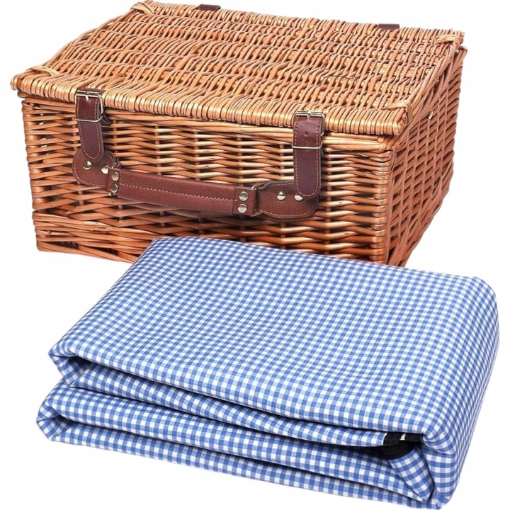 Kosz piknikowy termiczny wiklinowy wyposażenie sztućce talerze 2 osób zesta