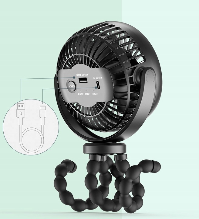 WENTYLATOR PRZENOŚNY WIATRAK BIURKOWY 5200mAh Z ELASTYCZNYM STATYWEM