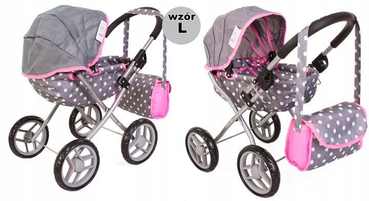 Wózek dla lalek GŁĘBOKI GONDOLA - SKŁADANY DASZEK - DUŻE KOŁA + TORBA Doris