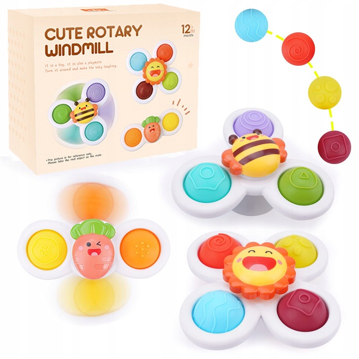 FIDGET SPINNER Z PRZYSSAWKĄ SENSORYCZNĄ KĄPIEL PREZENT GRZECHOTKA 3 SZTUKI