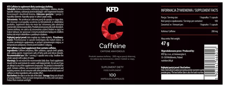 KFD CAFFEINE - KOFEINA - 200 mg - 100 kapsułek