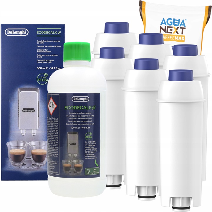 6x filtr wody Agua Next do ekspresu Delonghi + odkamieniacz Delonghi 500ml