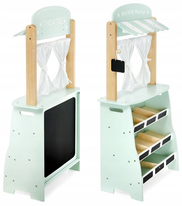 Duży drewniany sklep stragan teatr waga terminal płatniczy warzywa i owoce