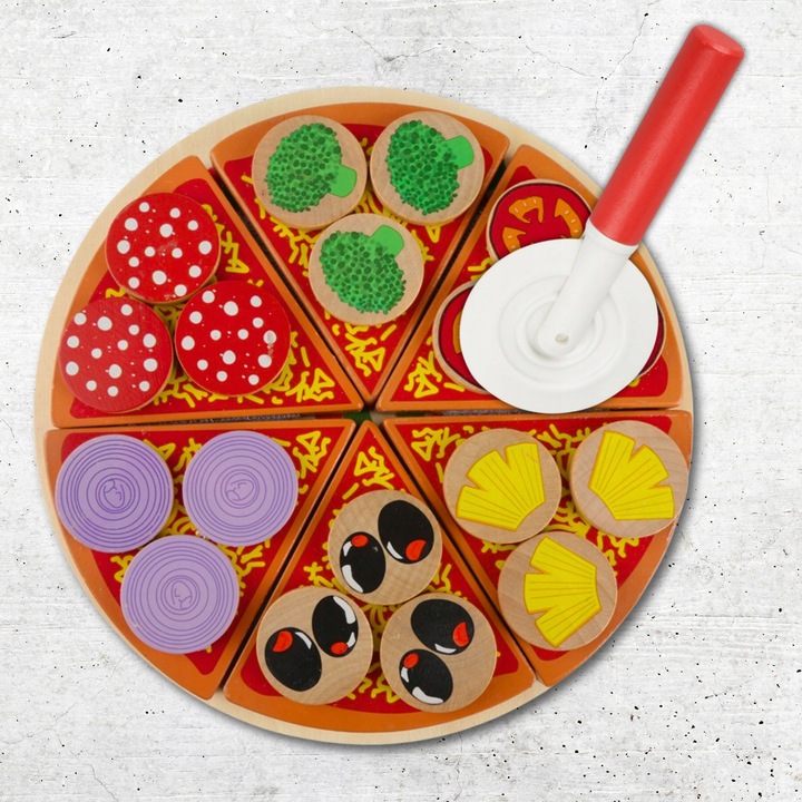 DREWNIANA PIZZA DO KROJENIA UKŁADANKA NA RZEP RZEPY AKCESORIA NÓŻ