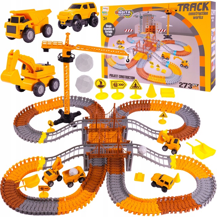 KOLEJKA TOR SAMOCHODOWY ELASTYCZNY 273 ELEMENTY AUTA DŹWIG DLA DZIECI