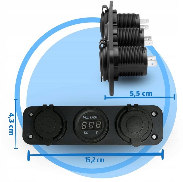 GNIAZDO ŁADOWANIA ZAPALNICZKI 12V WOLTOMIERZ 2 USB