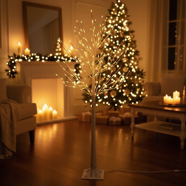 Drzewko Świąteczne Ozdobne Świecące LED BRZOZA 150 cm Lampki Białe Ciepłe