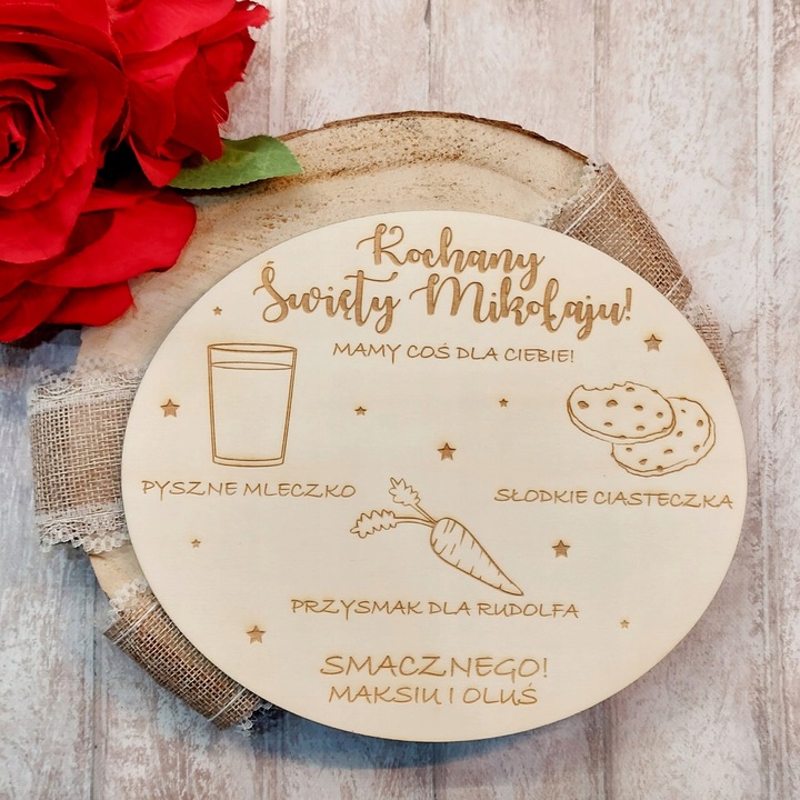 DREWNIANY TALERZYK TACKA NA MLEKO I CIASTKA DLA MIKOŁAJA RUDOLFA+TWOJE IMIĘ