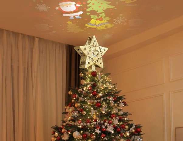 Gwiazda na choinkę z projektorem LED na czubek brokatowa złota 3D 24 x 20cm