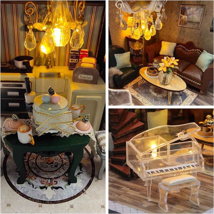 Domek dla Lalek Drewniany LED Piętrowy Retro Model do Złożenia DIY Meble